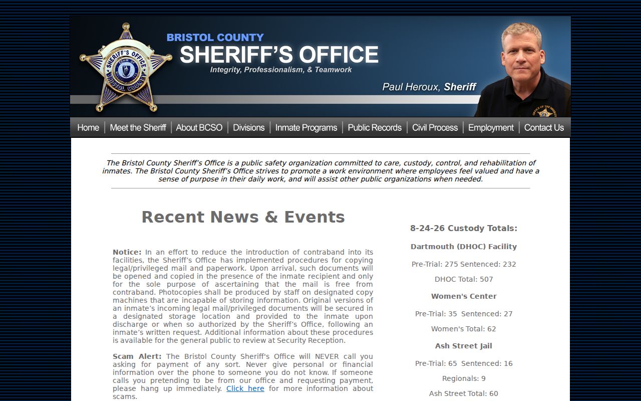 Fall River residents directory reference to Bristol County Sheriff custody information