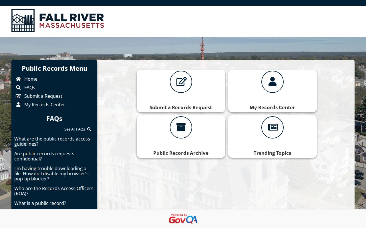 Fall River residents directory source showing the city GovQA records portal