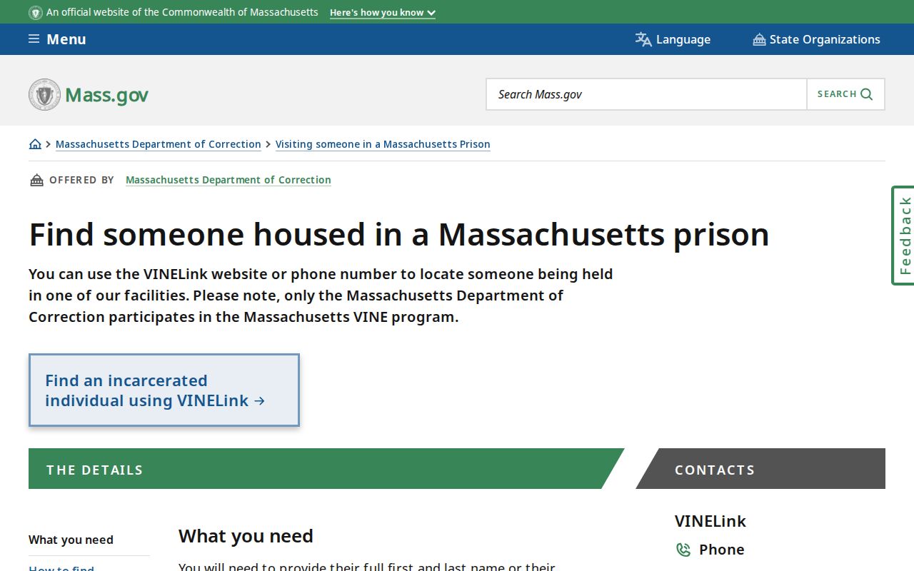 Fall River residents directory reference to Massachusetts DOC locator instructions