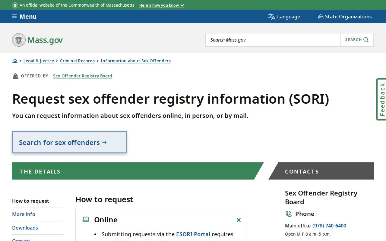 Fall River residents directory source showing Massachusetts SORI search guidance
