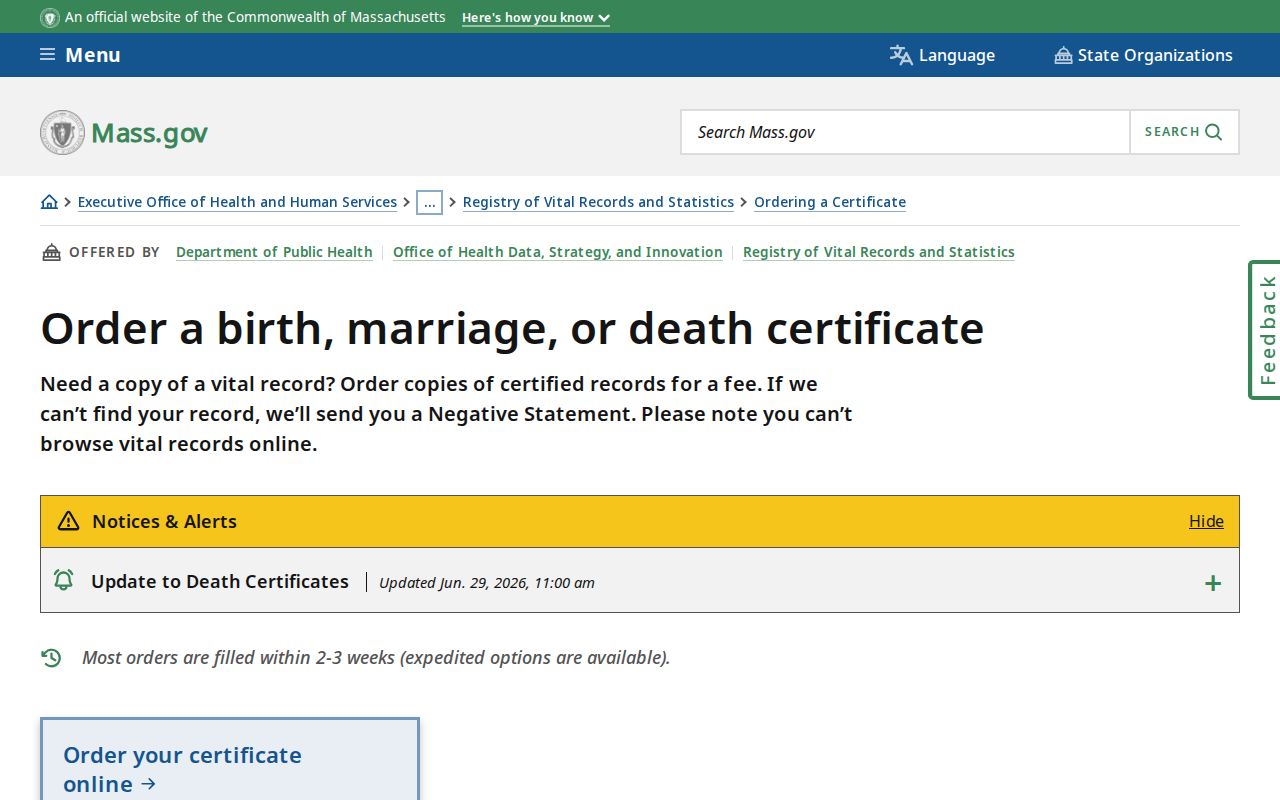 Fall River resident lookup Massachusetts vital certificate application