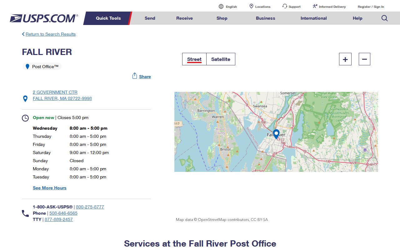 Fall River ZIP code directory reference for the USPS Main Post Office