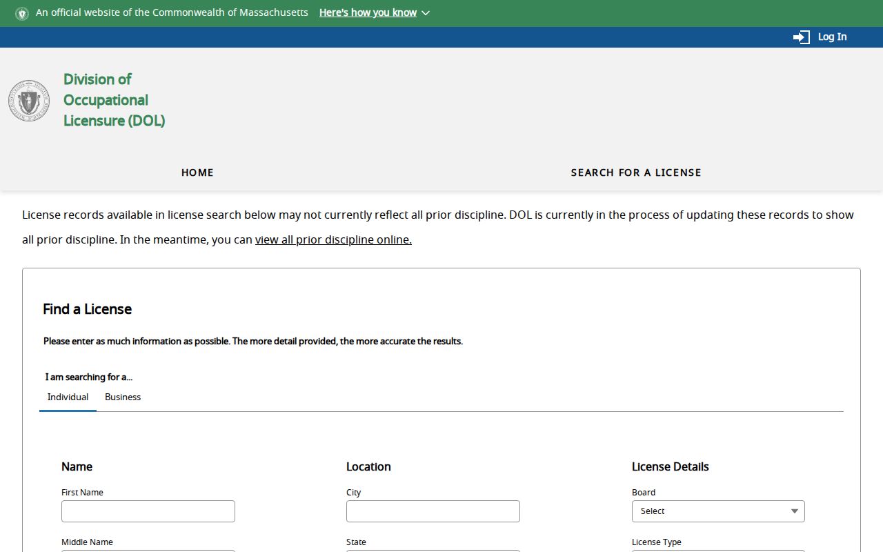 Fall River ZIP code directory example of Massachusetts license-search ZIP fields